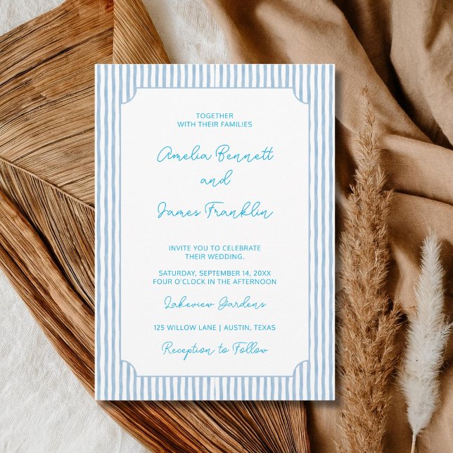 Invitation Mariage Classique Rayé Bleu Aquarelle (Créateur téléchargé)