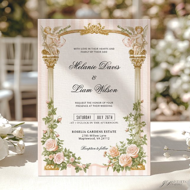 Invitation Mariage Classique Rayé et Floral Rose Tendre avec  (Créateur téléchargé)