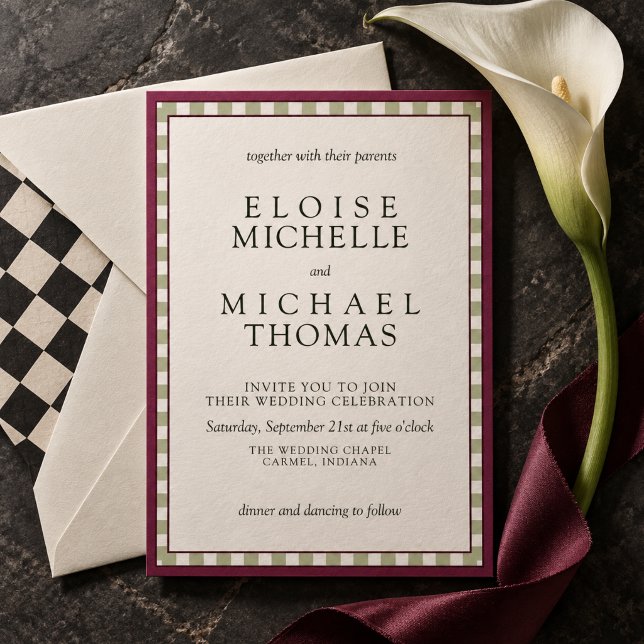 Invitation Mariage Classique Rayé Vert Sauge & Framboise (Raspberry & Sage Green Striped Classic Wedding Invitation)