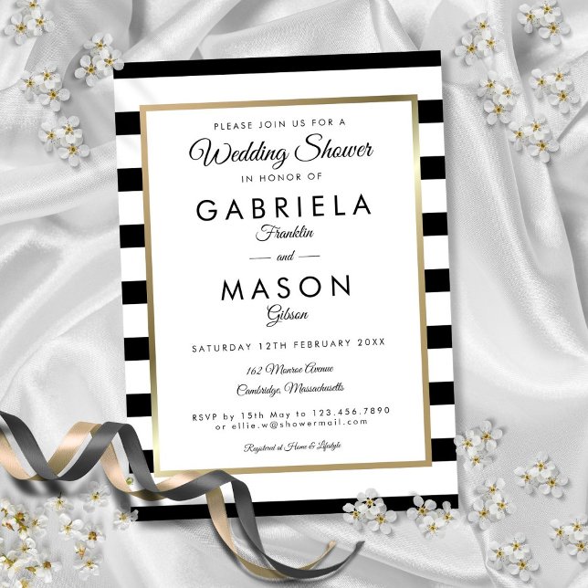 Invitation Mariage Classique Rayure Noir Et Blanc Or (Classic Black And White Stripe Gold Wedding Shower Invitation)