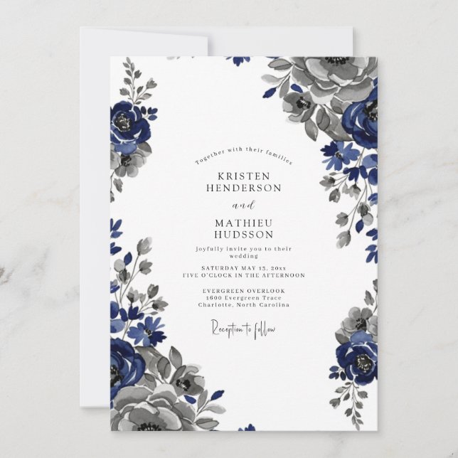 Invitation Mariage Classique Régal Bleu Marine (Devant)