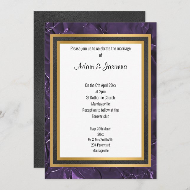INVITATION MARIAGE CLASSIQUE REGAL PURPLE BLACK GOLD LAYER (Devant / Derrière)