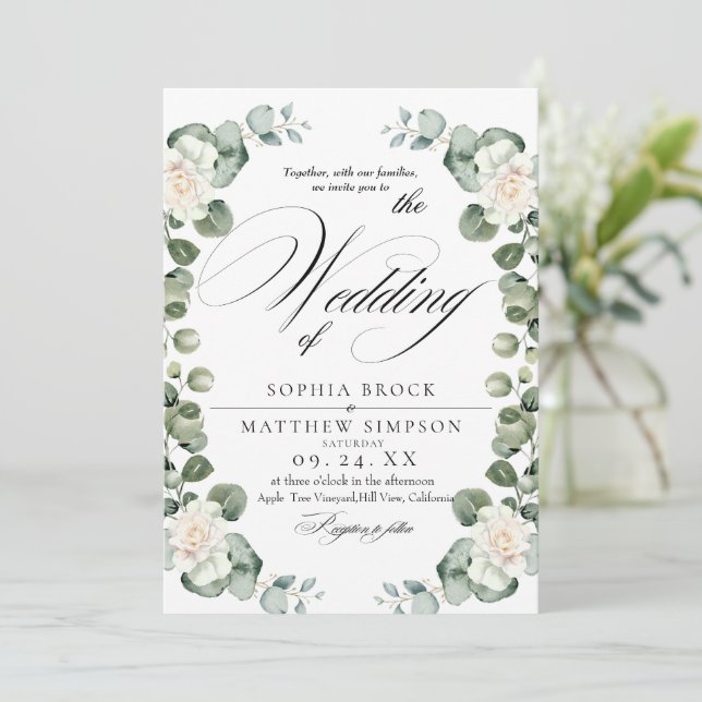 Invitation Mariage Classique Romantique Aquarelle Verdure (Debout devant)
