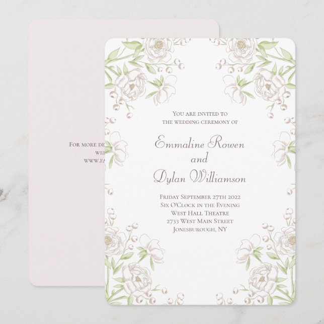 Invitation Mariage Classique Rose Blanche (Devant / Derrière)