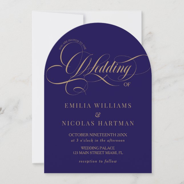 Invitation Mariage Classique Royal Bleu Or Tout En Un (Devant)