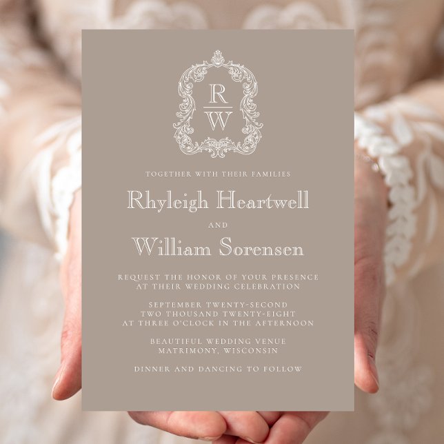 Invitation Mariage Classique Taupe au Blason Monogramme (Créateur téléchargé)