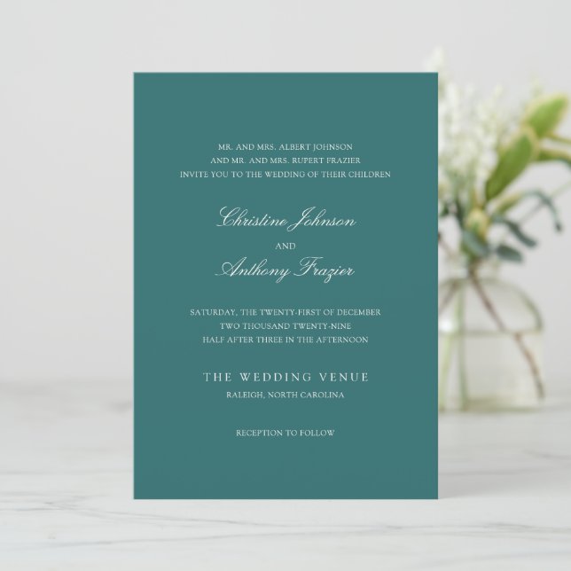 Invitation Mariage Classique Teal Ancien Argent (Debout devant)