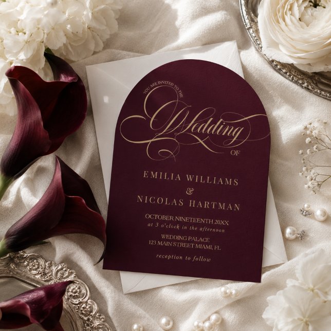 Invitation Mariage Classique Tout Compris Rouge Vin & Or (Créateur téléchargé)