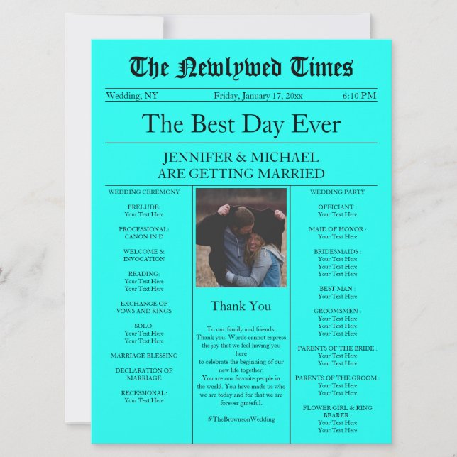 Invitation Mariage Classique Traditionnel Journal Teal (Devant)