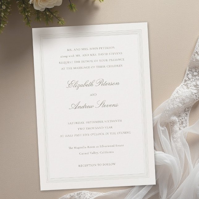 Invitation Mariage Classique Triple Cadre Formel Ecru Romanti (formal wedding invitation modern classic triple frame faux embossed black tie ballroom ecru romance)