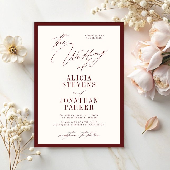 Invitation Mariage classique typographie formel bordeaux ivoi (Créateur téléchargé)
