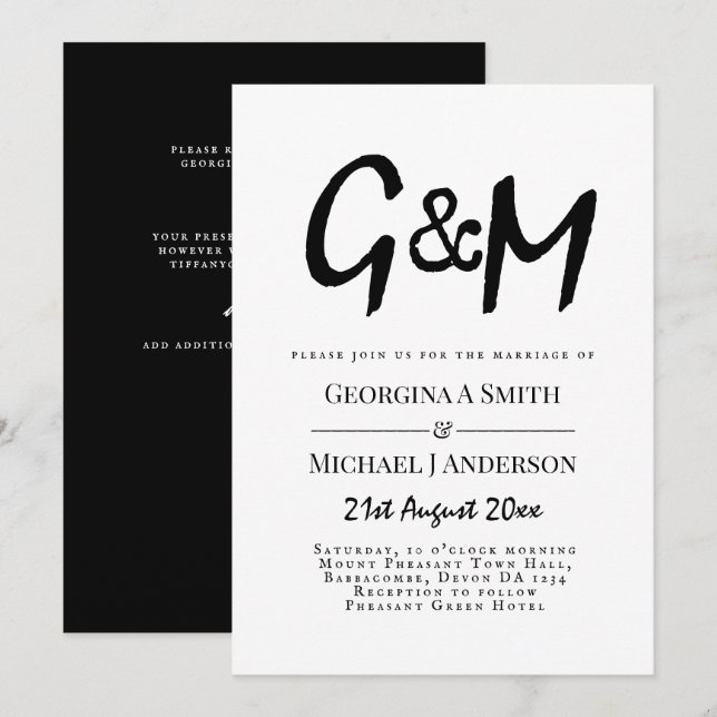 Invitation Mariage classique typographie monogramme noir et b (Devant / Derrière)