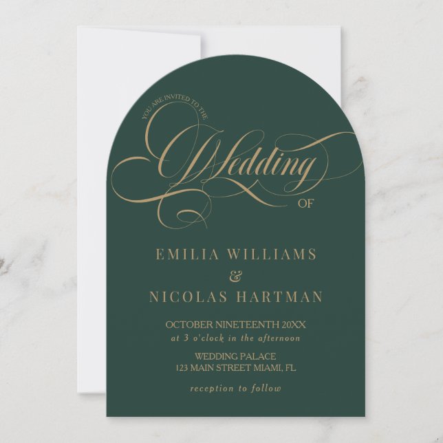 Invitation Mariage Classique Vert Émeraude et Or  (Devant)