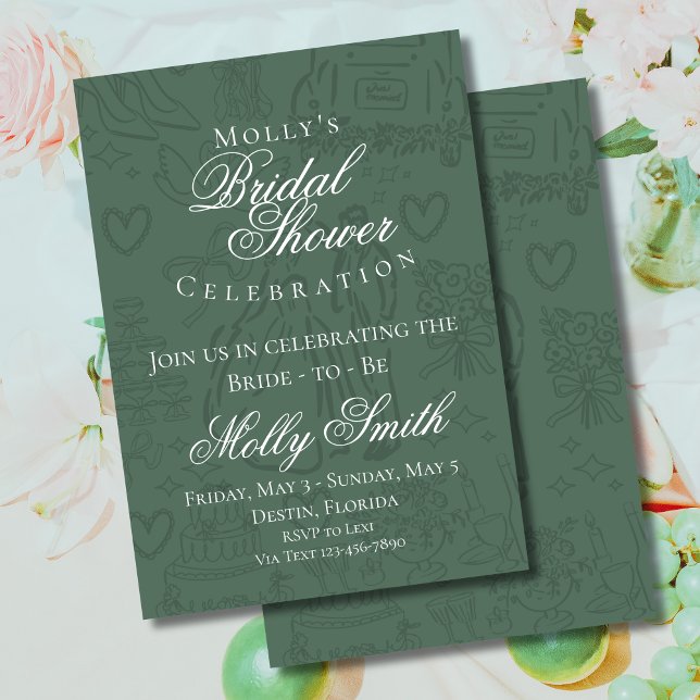 Invitation Mariage Classique Vert Main Dessinée Fête de Fianç (Classic Wedding Sketch Art invite with modern font – perfect for engagement or bridal celebrations!)