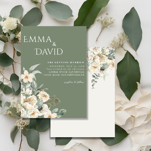 Invitation Mariage classique vert sauge avec fleurs ivoire