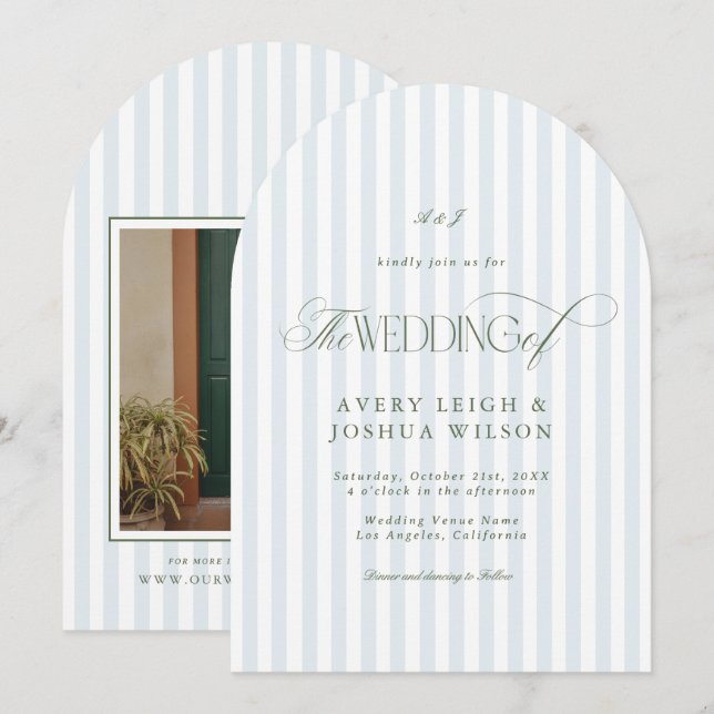 Invitation Mariage Classique Vert Sauge & Bandes Bleues (Devant / Derrière)