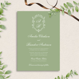 Invitation Mariage Classique Vert Sauge & Blanc au Blason Mon