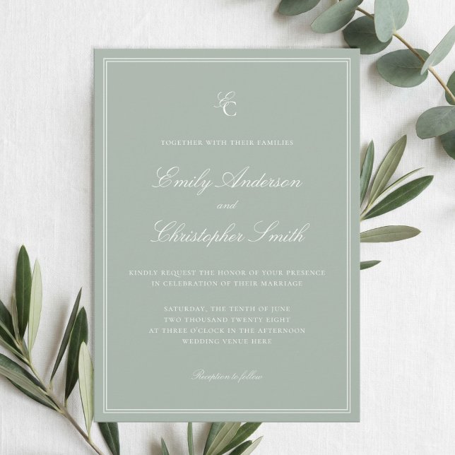 Invitation Mariage Classique Vert Sauge Élégant (Créateur téléchargé)