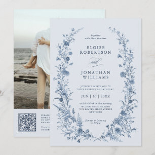 Invitation Mariage classique victorien bleu avec QR code fran