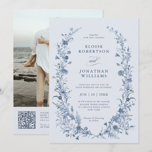 Invitation Mariage classique victorien bleu avec QR code fran (Devant / Derrière)