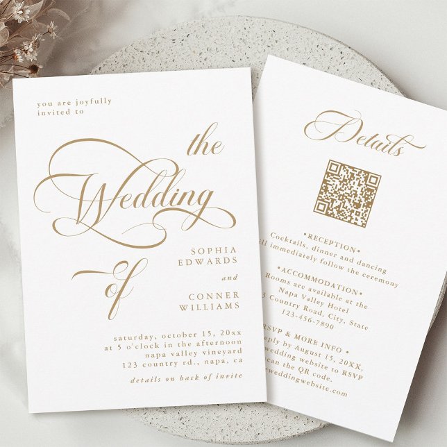 Invitation Mariage Classy Élégant Or tout en un (Front & Back)