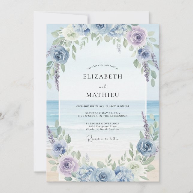 Invitation Mariage Coastal aux Pétales de Pervenche (Devant)