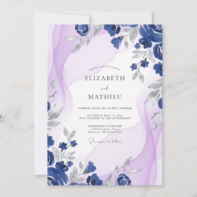 Invitation Mariage Cobalt Lilas Pétales (Devant)