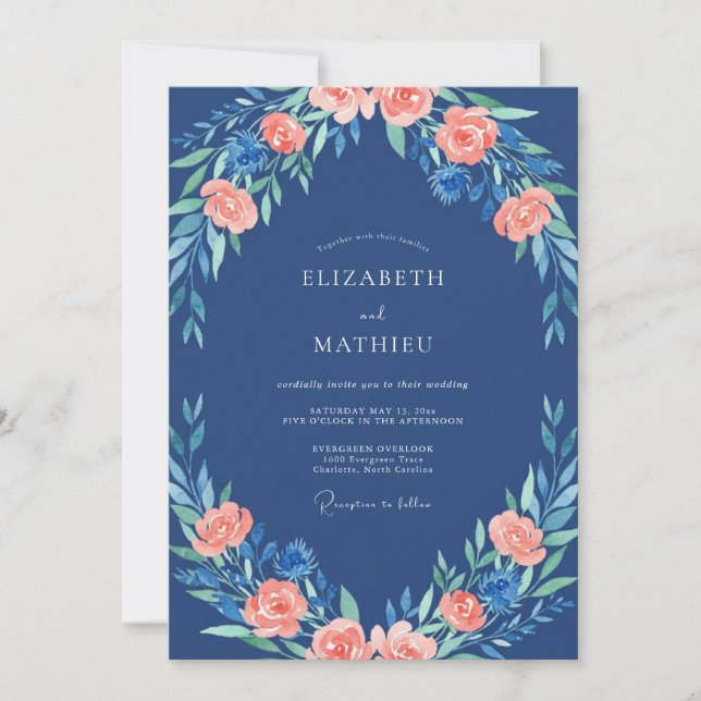 Invitation Mariage Cobalt Pêche Pivoine (Devant)