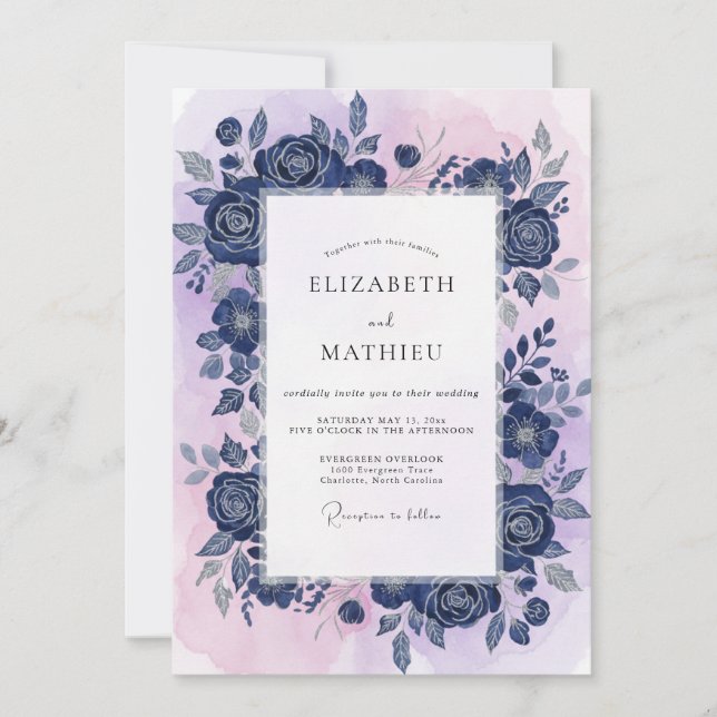 Invitation Mariage Cobalt Violet Rose (Devant)