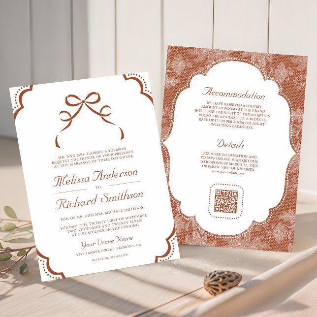 Invitation Mariage Code QR à l'Arc Bow en Dentelle Blanche Te (Créateur téléchargé)