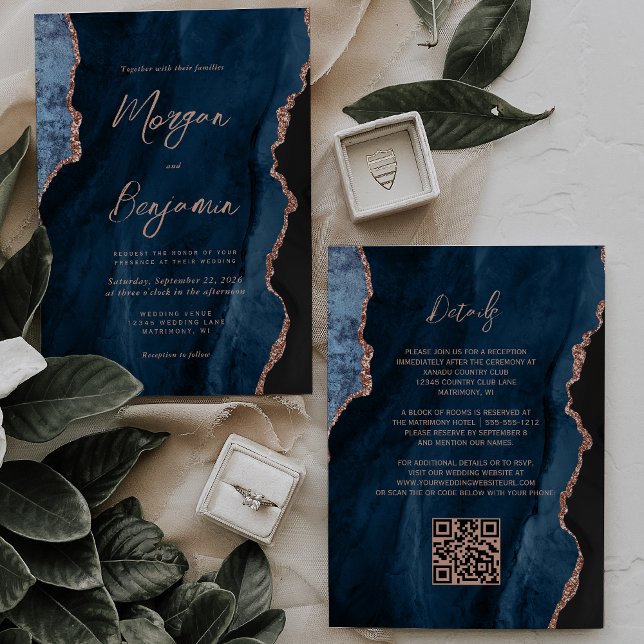 Invitation Mariage Code QR à l'écriture Agate Or Rose Bleu Ma (Créateur téléchargé)