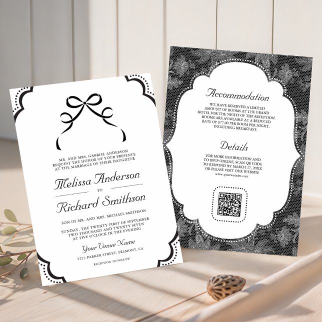 Invitation Mariage Code QR à nœud papillon en dentelle noir e (Créateur téléchargé)