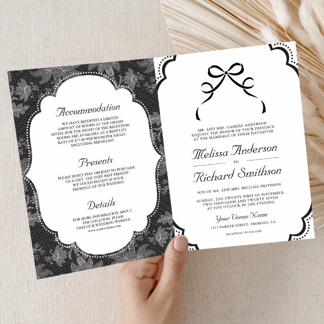 Invitation Mariage Code QR à nœud papillon en dentelle noir e (Créateur téléchargé)