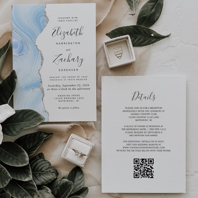 Invitation Mariage Code QR Agate Argent Bleu Bébé Moderne (Créateur téléchargé)