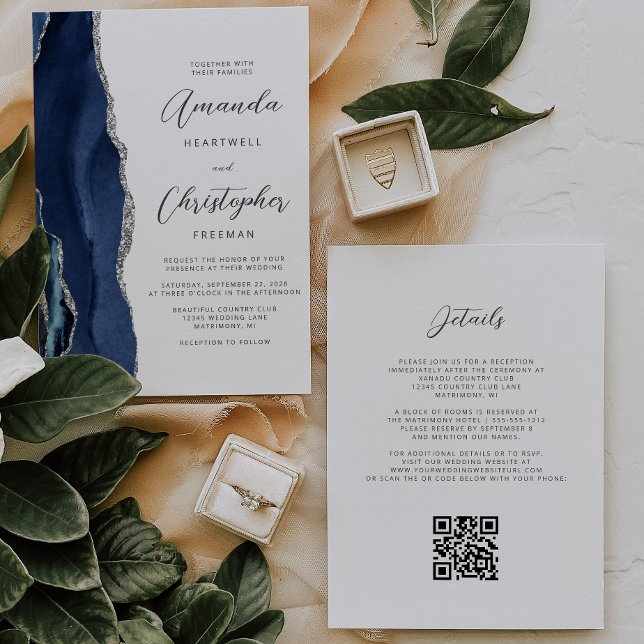 Invitation Mariage Code QR Agate Argent Bleu Marine (Créateur téléchargé)