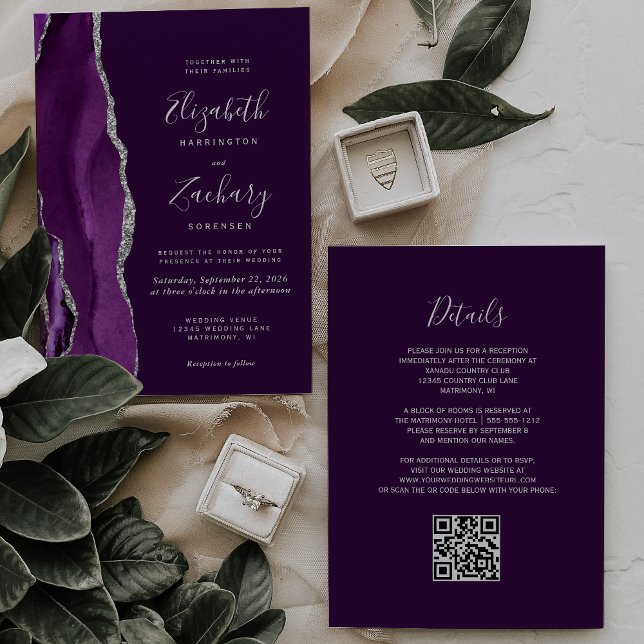 Invitation Mariage Code QR Agate Argent Deep Purple (Créateur téléchargé)