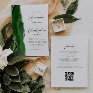 Invitation Mariage Code QR Agate Argent Vert Chasseur