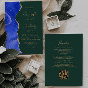 Invitation Mariage Code QR Agate Or Émeraude Bleu Royal