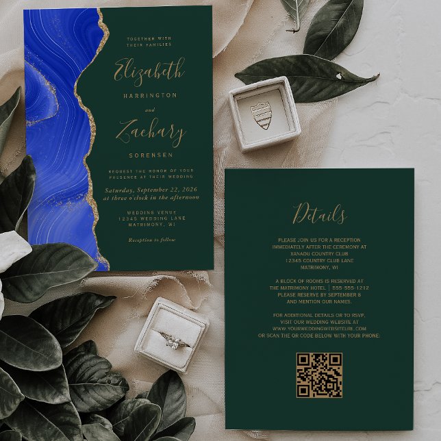 Invitation Mariage Code QR Agate Or Émeraude Bleu Royal (Créateur téléchargé)