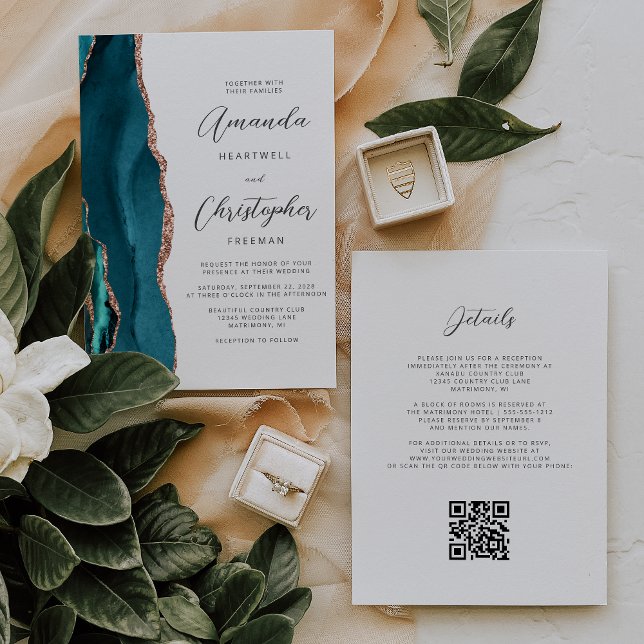 Invitation Mariage Code QR Agate Or Rose Bleu Turquoise (Créateur téléchargé)