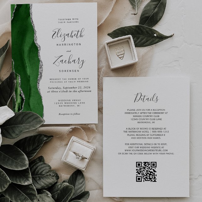 Invitation Mariage Code QR Agate Vert Chasseur Argent (Créateur téléchargé)
