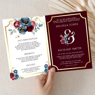 Invitation Mariage Code QR Ampersand Floral Navy Bourgogne