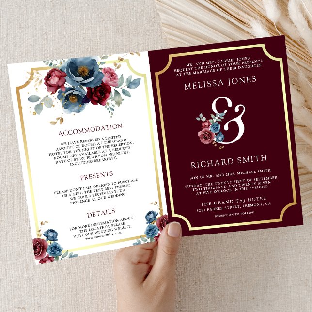 Invitation Mariage Code QR Ampersand Floral Navy Bourgogne (Créateur téléchargé)