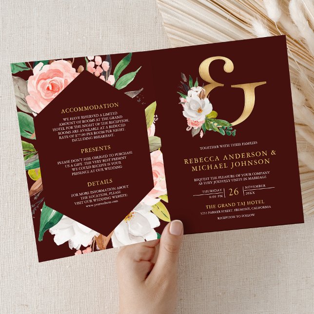 Invitation Mariage Code QR Ampersand Floral Rose Bourgogne (Créateur téléchargé)