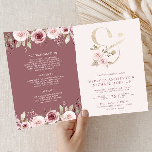Invitation Mariage Code QR Ampersand Floral Rose Poudrée