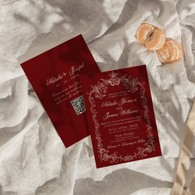 Invitation Mariage Code QR Ancien Argent Profond Rouge (Créateur téléchargé)