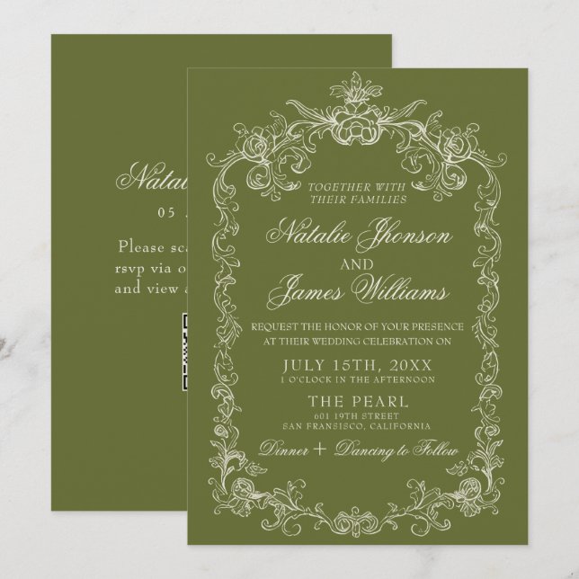 Invitation Mariage Code QR Ancien Argent Vert Olive (Devant / Derrière)