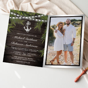 Invitation Mariage Code QR Ancre Argent Palmier Tropical Bois