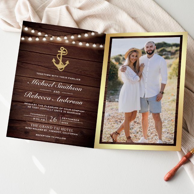 Invitation Mariage Code QR Ancre Or Bois Rustique Marin (Créateur téléchargé)