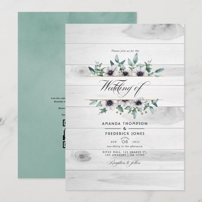 Invitation Mariage Code QR Anémone Eucalyptus Campagnard Rust (Devant / Derrière)